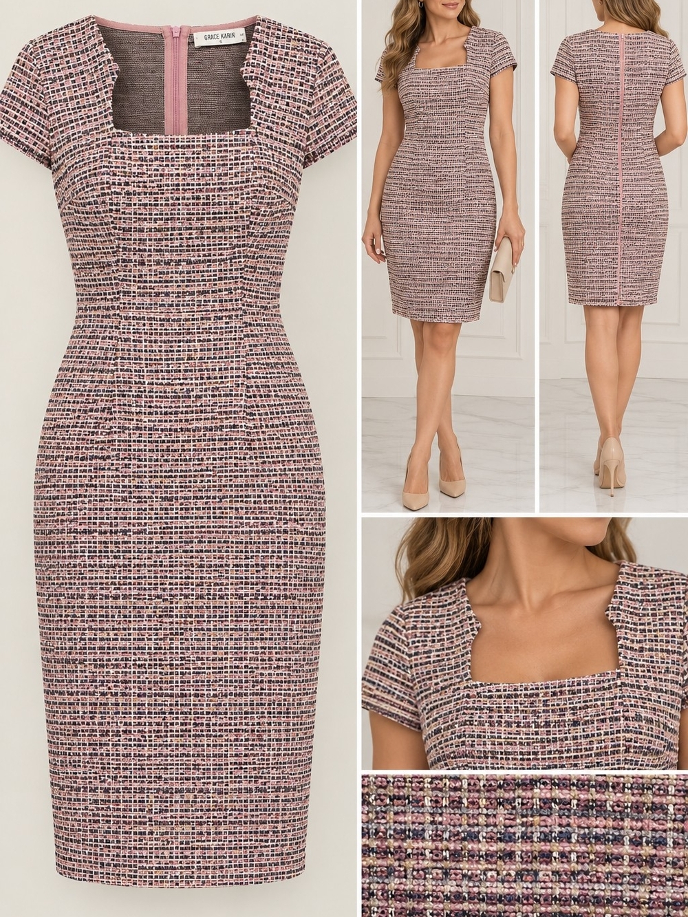 Grace Karin Pink Tweed Square Neck Sheath Dress